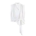 Elegant white sleeveless blouse with stand collar and waist tie bow detail - XS / White