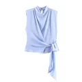 Light blue sleeveless high-neck wrap top with side bow tie and elegant draped waist - XS / Light Blue