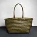 Deep olive green hand-woven leather tote bag with brown details and round handles - Large / Dark Green
