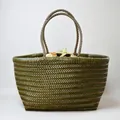 Dark olive green woven leather tote bag with thick texture and dual top handles - Small / Dark Green