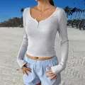 Nauwsluitende lichtgrijze Henley-top met lange mouwen en knoopjes voor dames casual - S / Gemengd Grijs