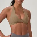 Soutien-gorge de sport licou kaki avec nœud avant en tissu élastique à séchage rapide - S / Hauts / Couleur Tempête de Sable