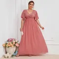 Elegante roze galajurk met V-hals, pailletten, vlindermouwen en chiffon plooirok - 1XL / Watermeloen Roze
