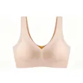Detail of seamless V-neck sports bra in beige with wide straps and smooth fabric - S / Beige