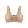 Seamless V-neck beige sports bra with wide straps for comfort and smooth silhouette - S / Deep Skin