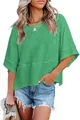 Women casual grass green flare sleeve top with slub texture and loose fit style - Green