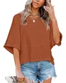 Women's brick red flare sleeve loose top with casual patchwork detail and round neck - Brown