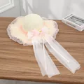 Cream wide-brim straw sun hat with light pink lace trim and floral bow detail - Pink Mesh Creamy White