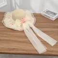 Beige wide brim straw sun hat with pink floral accents and long organza ribbons - Pink Flower Ribbon Beige