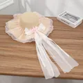 Beige woven sun hat with pink flowers, lace trim and a large white mesh bow - Pink Mesh Beige