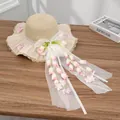 Beige straw sun hat with large white bow and delicate lily of the valley floral tassels - Appliqué Wind Chime Beige Pink
