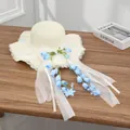 Cream wide-brim straw sun hat with light blue bellflowers and lace edges for women - Decorative Wind Chimes White And Blue