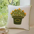 White sofa cushion cover with green Tulip embroidery and decorative scalloped edges - Little Golden Kumquat (Cover Only)