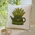White cushion cover with green embroidered watering can and leaf design - Teapot Leaf (Cover Only)