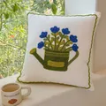 White cushion with tulip embroidery in a green watering can and wavy edges - Flower in Bucket (Cover Only)
