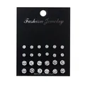 Set of 12 pairs of clear crystal stud earrings on black card with silver settings - 12 Pairs Round Multi-Size 4-6MM