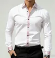 Men's slim fit white shirt with purple paisley print on collar, placket and cuffs - S / Tops / White (Pink-Purple Paisley Print) (BCS261)