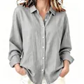 Detail of light grey cotton linen shirt featuring vertical texture and white buttons - 2XL / Light Gray