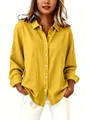 Bright yellow cotton linen loose shirt for women with lapel collar and buttons - 2XL / Yellow