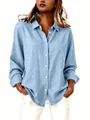 Sky blue cotton linen shirt with long sleeves and lapels for a casual look - S / Light Blue