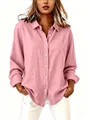 Women's pink cotton linen loose long sleeve button-up shirt with lapel collar - S / Pink