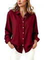 Women's loose long sleeve cotton linen lapel shirt in deep burgundy wine color - S / Burgundy