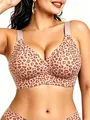 Seamless leopard print wireless bra with wide purple straps and V-neck for support - Leopard Pink