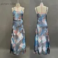 Detail of mesh maxi dress featuring abstract blue and pink gradient tie-dye print - S / As Shown