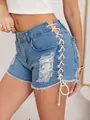 High waist light blue ripped denim shorts with side lace-up hollow details and frayed hem - S / Blue