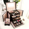 Black cross-grain leather jewelry box with multiple drawers and built-in mirror - Large Upgraded Style (With Portable Jewelry Box) / Black