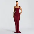 Elegant wine red corset evening dress with square neck and pleated slim fit design - S / Burgundy