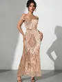Close-up of champagne sequin evening dress featuring slim fit and off-the-shoulder design - Champagne