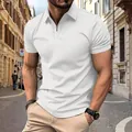 Men's slim fit white short sleeve Polo shirt with modern zip collar on street model - S / White (HD-PL71)