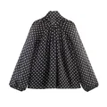 Classic black long-sleeve blouse with white polka dot pattern and scarf collar detail - XS / Tops / Black Polka Dot