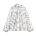 Elegant white polka dot chiffon blouse with high neck and long lantern sleeves - XS / Tops / White Dot Stone
