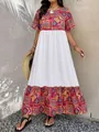 Detail van bohemien maxi-jurk met etnische geometrische patronen en ruchesrand - XL / Rood Patchwork