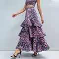 Pink leopard print two-piece set featuring a cropped top and layered tiered maxi skirt - S / Purple Leopard