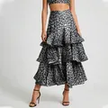 High waisted leopard print tiered maxi skirt with layered ruffle design in grey and black - S / Black Leopard