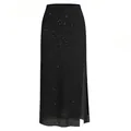 Jupe midi noire à fente latérale en mesh avec imprimé abstrait et taille élastique - Paillettes Noires