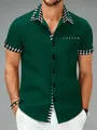 Men's dark green slim fit shirt with gingham pattern contrast collar and cuffs - S / Tops / Green
