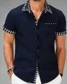 Men's navy slim short sleeve shirt with houndstooth contrast trim and pocket detail - S / Tops / Navy Blue