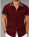 Men's burgundy short sleeve shirt with black and white houndstooth patchwork details - S / Tops / Burgundy