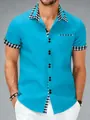 Men's bright blue short sleeve shirt with houndstooth trim and double button collar - S / Tops / Lake Blue
