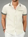 Men's summer short sleeve shirt in cream with black and white checkered collar and pocket - S / Tops / Beige