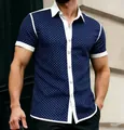 Men's navy blue short sleeve shirt with white polka dots and contrast trim accents - S / Tops / Navy Blue (CSDX49)