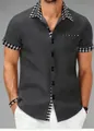 Men's slim fit dark grey short sleeve shirt with black and white gingham contrast trims - S / Tops / Black (CSDX48)