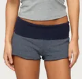 Close-up of navy blue and white striped knitted shorts with elastic waistband - S / Blue