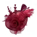 Elegant burgundy fascinator hat with mesh rose and feathers for weddings and galas - Burgundy