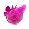 Elegant fuchsia bridal fascinator hat with mesh flower and feather accents for party - Magenta