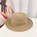 Flat top straw hat in light khaki with hollow lace weave for summer beach sun protection - D-0003 Khaki / M (56-58cm)